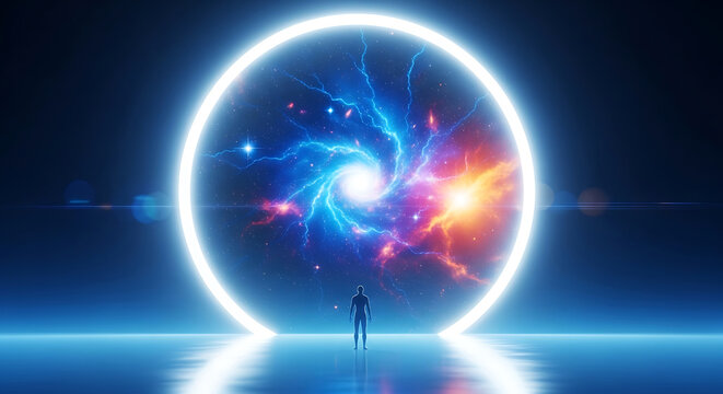 Silhouette man facing glowing portal to colorful nebula
