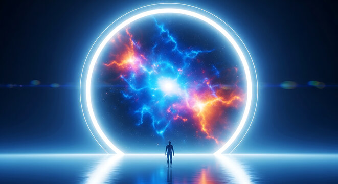 Silhouette man facing glowing portal with cosmic nebula - Powered by Adobe