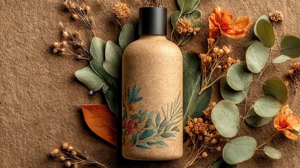Natural skincare product displayed on textured surface, earthy tones with botanical elements, perfect for eco-friendly branding.