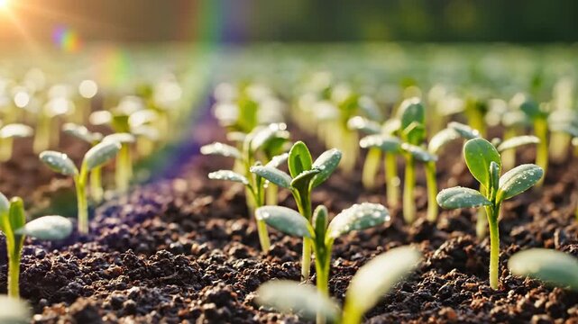 Young Green Seedlings Sprouting from Rich Soil in a Sunny Field with Bright Lens Flare.