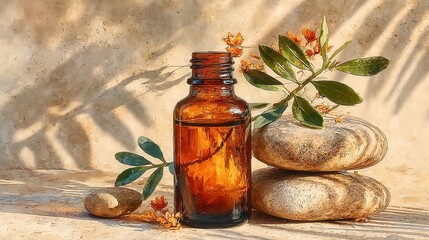 Aromatherapy setup, amber glass oil bottle with green leaves, smooth stones, natural wellness theme, calm and soothing ambiance.