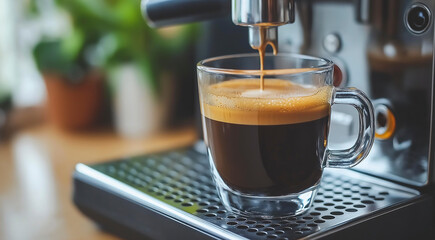 Freshly brewed espresso coffee pouring into a clear glass cup from an espresso machine