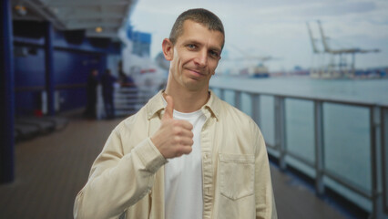 Man on a cruise ship's deck gestures thumbs up, enjoying the seaside view, with a relaxed smile under a cloudy sky near a dockside area.