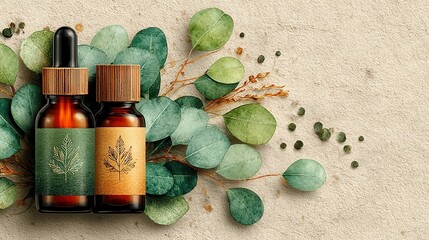 Aromatic essential oils on a natural backdrop, glass bottles surrounded by green leaves, perfect for wellness and relaxation themes.