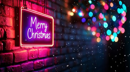 Festive Neon Merry Christmas Sign with Colorful Bokeh and Snowfall