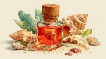 Aromatic oils in elegant bottle, glass container with cork surrounded by seashells and tropical leaves, perfect for relaxation theme.