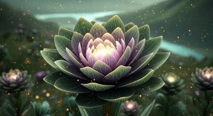 Ethereal glowing lotus in dreamlike garden