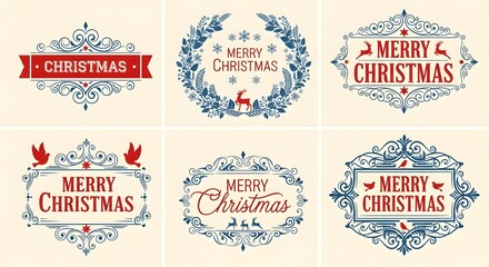 Elegant christmas frames and borders with festive elements like reindeer, birds, and floral ornaments, perfect for adding a touch of vintage charm isolated on white background