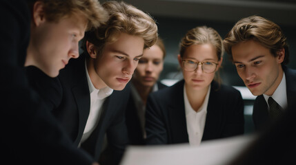 Overhead shot of the entire team focused on strategy, legal documentation, and compliance visuals — powerful imagery of unity, legal structure, and intelligent corporate decision-making. cinematic