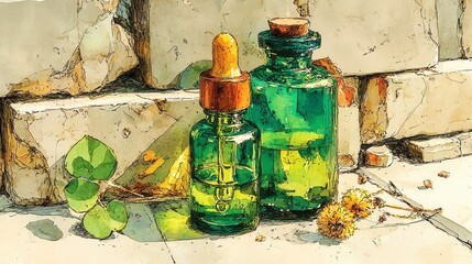 Bottles of natural herbal remedies, vibrant green glass jars filled with fresh herbs, rustic wooden backdrop, ideal for wellness themes.
