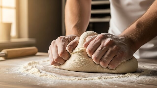 Baker kneading dough on a floured surface in a kitchen.