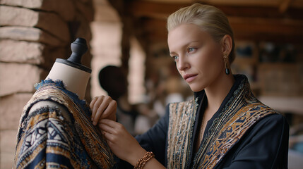 A multicultural team of fashion designers pinning fabrics from different cultures onto a shared mannequin, merging patterns into an avant-garde piece — cross-cultural fashion innovation, textile