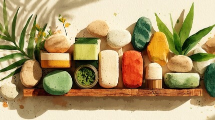 Colorful natural soaps arranged on a wooden shelf, featuring various shapes and vibrant hues, complemented by green plants.