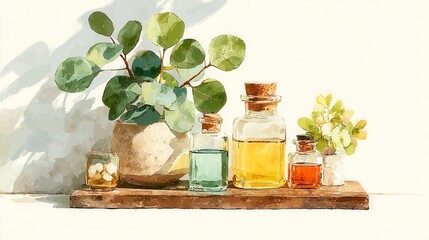 Aromatic display of colorful perfume bottles, elegant arrangement with greenery and flowers, vibrant home decor accent.