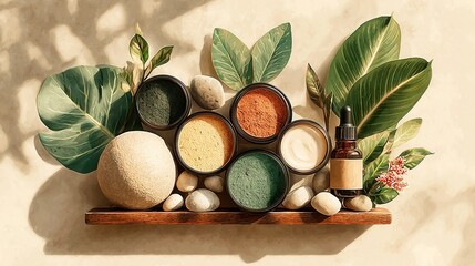 Aesthetic arrangement of natural skincare products, organic textures, earthy tones, vibrant botanicals, perfect for wellness branding.