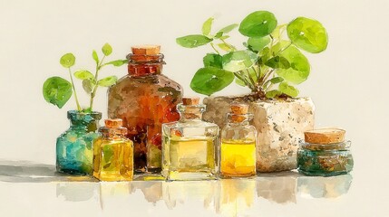 Colorful jars with herbs and essential oils, vibrant glass containers with plants showcasing natural wellness and holistic living.
