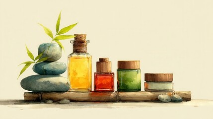 Aromatic wellness display, assorted essential oil bottles and stones, natural bamboo elements, serene spa-themed background.