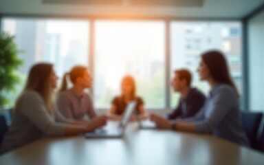 Defocused abstract background featuring a modern meeting room with natural light and a professional team collaborating. Ideal for business and corporate visuals. High quality