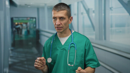 Man in green uniform with stethoscope gestures indoors at airport corridor, emphasizing healthcare travel theme with blurred passengers and terminal background.