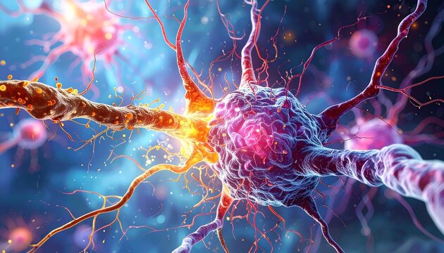 Stylized neuron with glowing orange axons and fibrous blue dendrites in a fluid biological environment.