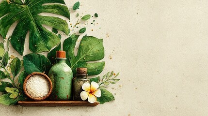 Stylish arrangement of green leaves, decorative vase, eggshell and flower, natural theme, perfect for wellness or home decor.