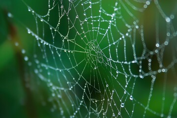 Macro shot of a glistening spider web with complex patterns and water beads, in a natural green setting, for science illustrations and wallpapers.