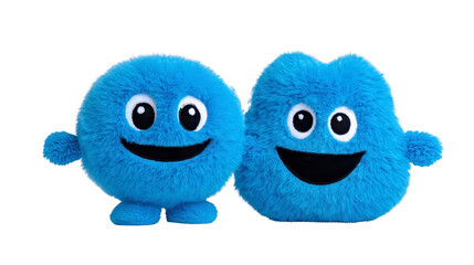 Obraz premium Two blue fluffy plush toys with big smiling faces and round eyes, standing side by side, isolated on transparency background, conveying cheerful and playful mood