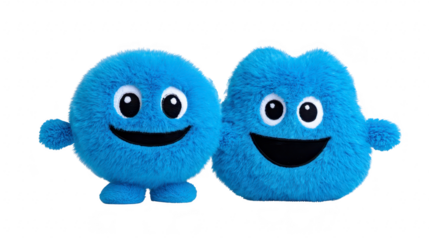 Two blue fluffy plush toys with big smiling faces and round eyes, standing side by side, isolated on transparency background, conveying cheerful and playful mood