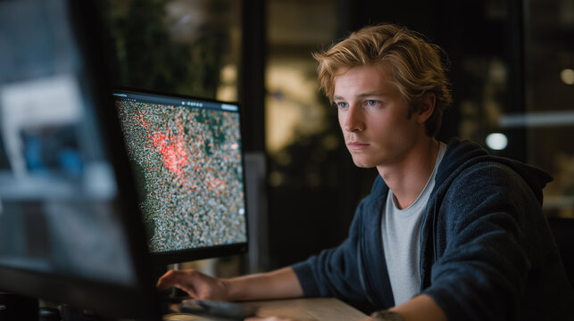 A cybersecurity analyst reviewing threat clusters on a heatmap, red hotspots forming patterns that reveal suspicious network activity — cyber defense intelligence, anomaly detection, and real-time - Powered by Adobe