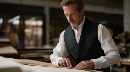 A tailor measuring fabric yardage on a cutting table, aligning edges perfectly before slicing through cloth with long steel shears — fashion production, textile measurement, and handcrafted garment