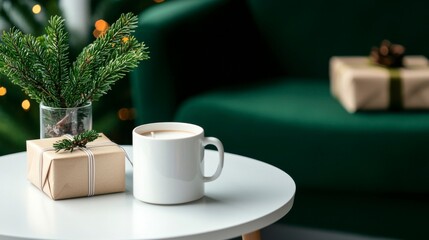 Cozy Christmas Scene with Gift, Coffee Mug and Greenery on Table