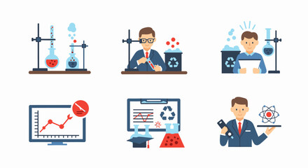 Illustrations depicting various aspects of scientific research, experiments, and data analysis.