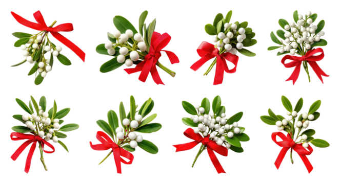 PNG Festive mistletoe with red bows, element set on transparent background