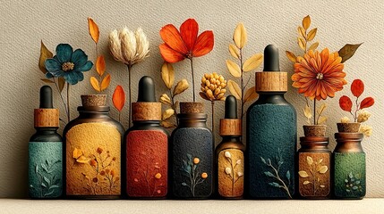 Colorful vintage bottles arranged with flowers, diverse shapes and sizes, decorative display for home or event aesthetic.