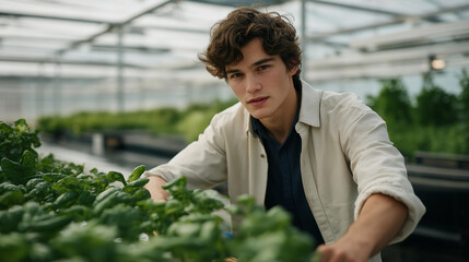 A horticulturist measuring plant growth using a digital height sensor in a hydroponic greenhouse, LED grow lights reflecting off nutrient-rich water channels — controlled agriculture, plant