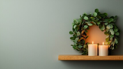 Minimalist Greenery Wreath and Candles on Wooden Shelf for Cozy Home Decor