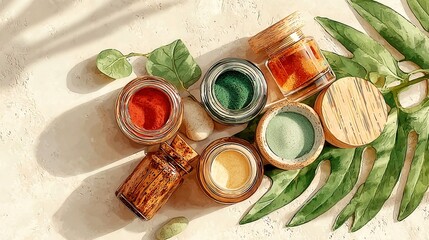 Colorful natural skincare products arranged with greenery, showcasing organic scents and wellness themes, plenty of copy-space.