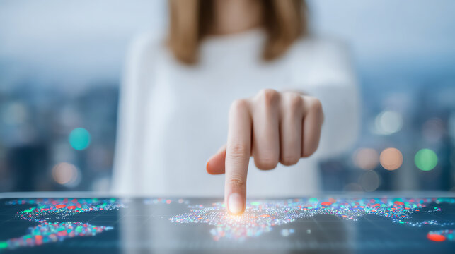 A person interacting with a digital map, showcasing innovation and modern technology in a dynamic urban environment.