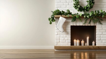 Elegant Christmas Fireplace Decor with Stocking and Candles