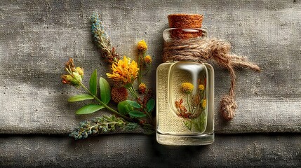 Essential oil bottle with citrus fruits, aromatic liquid captured in a rustic setting, ideal for wellness and spa themes.