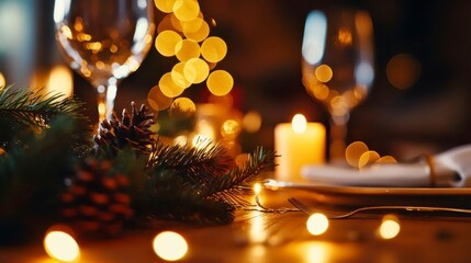 Elegant Holiday Table Setting with Pine Decorations and Candlelight