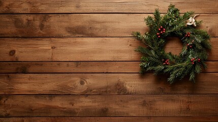 Festive Christmas Wreath on Rustic Wooden Background