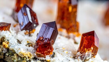 Close-up of black crystal surrounded by white and orange minerals in a natural geological formation.