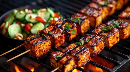 Delicious Grilled Tofu Skewers with Fresh Vegetable Salad on BBQ