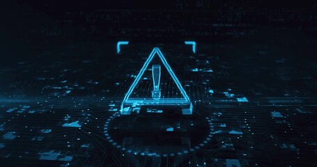 Alert warning and security breach alert hologram symbol appears on a digital background. Network, cyber technology and computer abstract concept 3d animation. - Powered by Adobe