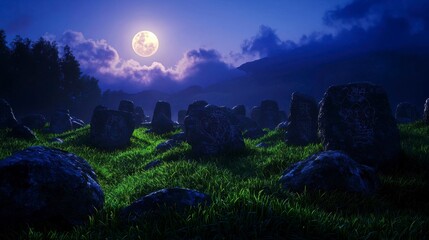Mystical Moonlit Landscape with Ancient Rune Stones in a Grassy Field