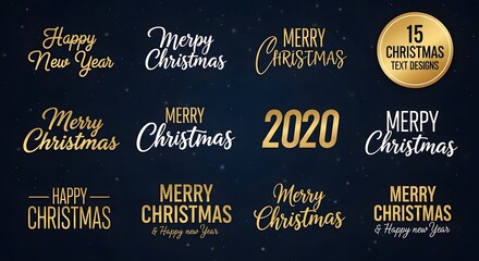 Elegant collection of merry christmas and happy new year text designs in gold and white, perfect for adding a touch of festive cheer to your holiday greetings