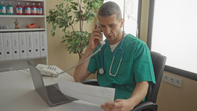 Man wearing green scrubs with stethoscope talks on phone holding papers in a modern clinic office with a laptop and organized shelves in the background.