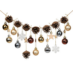 Festive christmas garland with ornaments pinecones snowflakes and stars on transparent background