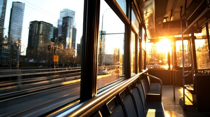 Sunset View from Inside a Bus Overlooking City Skyline